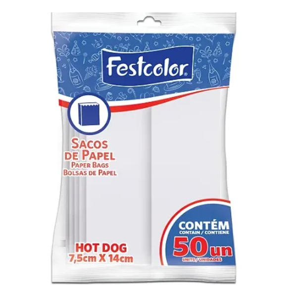 SACO PAPEL FESTCOLOR HOTDOG 7,5X14 BRANCO COM 50