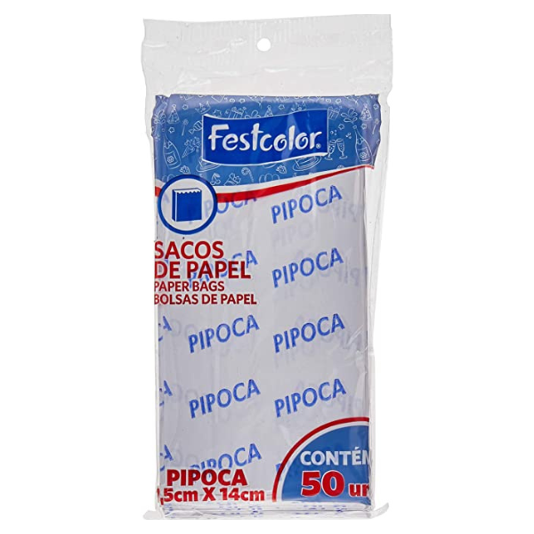 SACO PAPEL FESTCOLOR PIPOCA 7,5X14 IMPRESSO COM 50