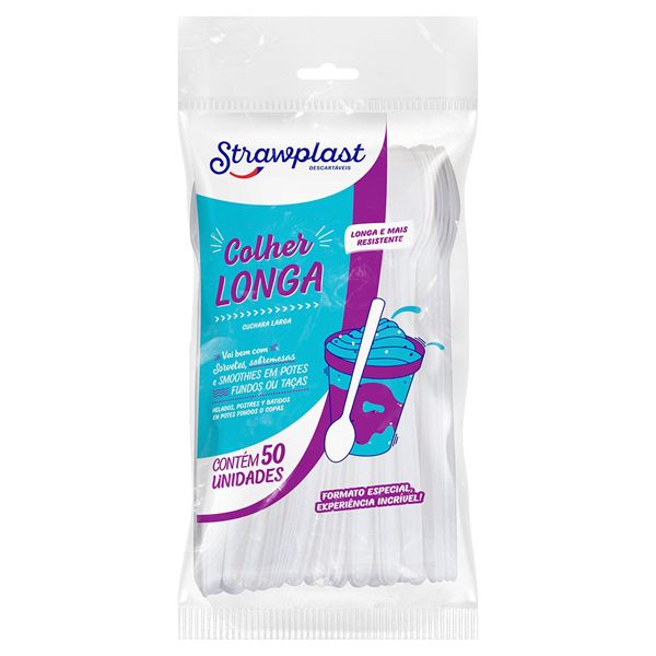COLHER STRAWPLAST LONGA BRANCA COM 50