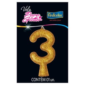 VELA FESTCOLOR PURO GLITTER NÚMERO 3 DOURADA UNIDADE