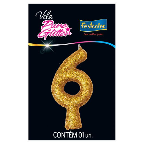 VELA FESTCOLOR PURO GLITTER NÚMERO 6 DOURADA UNIDADE