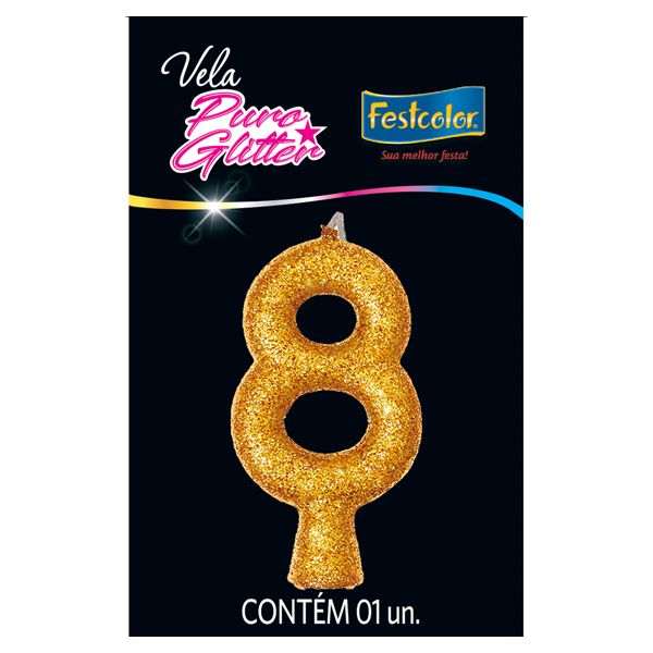 VELA FESTCOLOR PURO GLITTER NÚMERO 8 DOURADA UNIDADE