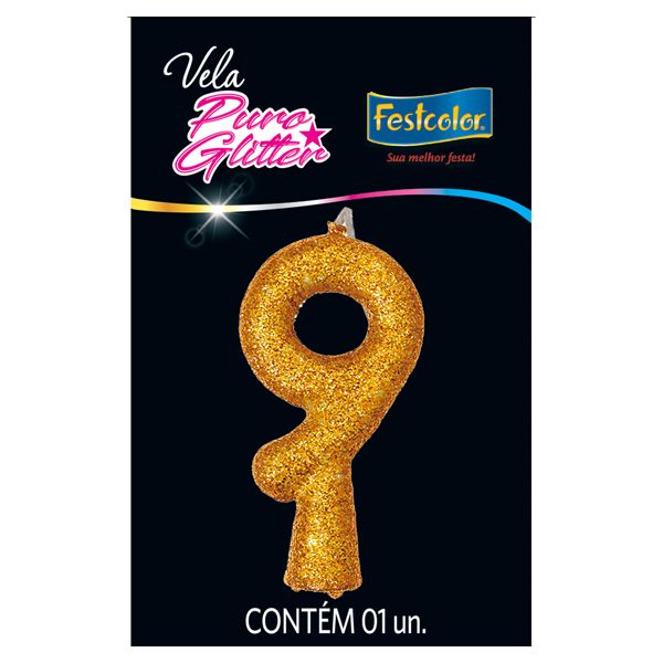 VELA FESTCOLOR PURO GLITTER NÚMERO 9 DOURADA UNIDADE