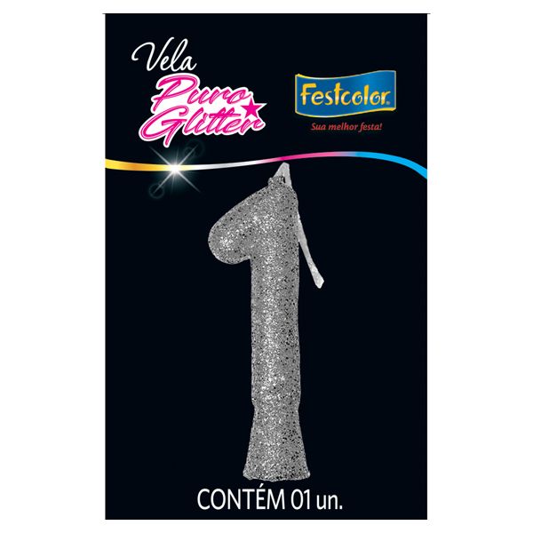VELA FESTCOLOR PURO GLITTER NÚMERO 1 PRATA UNIDADE