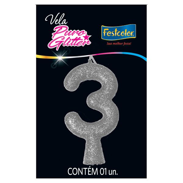 VELA FESTCOLOR PURO GLITTER NÚMERO 3 PRATA UNIDADE