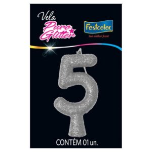 VELA FESTCOLOR PURO GLITTER NÚMERO 5 PRATA UNIDADE