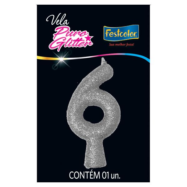 VELA FESTCOLOR PURO GLITTER NÚMERO 6 PRATA UNIDADE