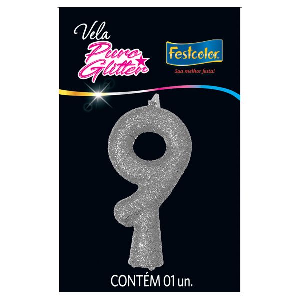 VELA FESTCOLOR PURO GLITTER NÚMERO 9 PRATA UNIDADE