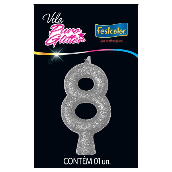 VELA FESTCOLOR PURO GLITTER NÚMERO 8 PRATA UNIDADE