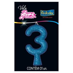 VELA FESTCOLOR PURO GLITTER NÚMERO 3 AZUL UNIDADE
