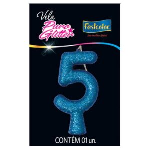 VELA FESTCOLOR PURO GLITTER NÚMERO 5 AZUL UNIDADE
