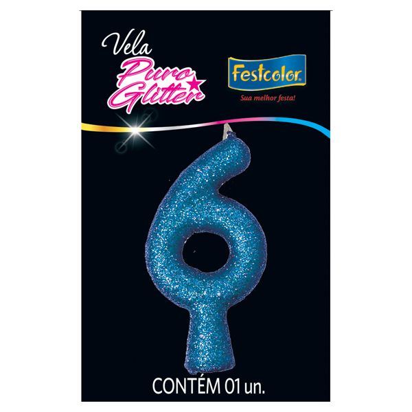 VELA FESTCOLOR PURO GLITTER NÚMERO 6 AZUL UNIDADE