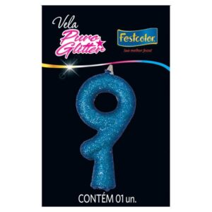 VELA FESTCOLOR PURO GLITTER NÚMERO 9 AZUL UNIDADE