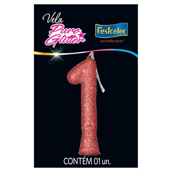 VELA FESTCOLOR PURO GLITTER NÚMERO 1 ROSE GRANDE UNIDADE