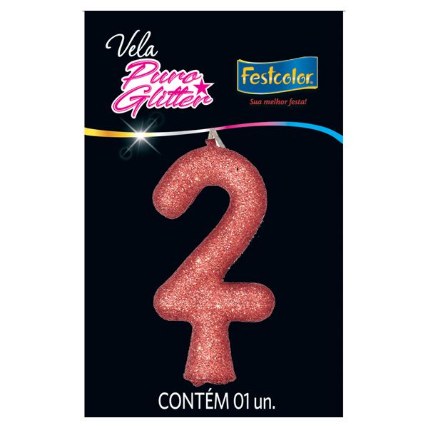 VELA FESTCOLOR PURO GLITTER NÚMERO 2 ROSE GRANDE UNIDADE