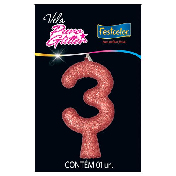 VELA FESTCOLOR PURO GLITTER NÚMERO 3 ROSE GRANDE UNIDADE