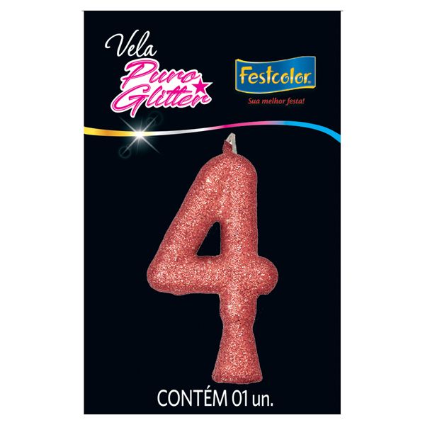 VELA FESTCOLOR PURO GLITTER NÚMERO 4 ROSE GRANDE UNIDADE