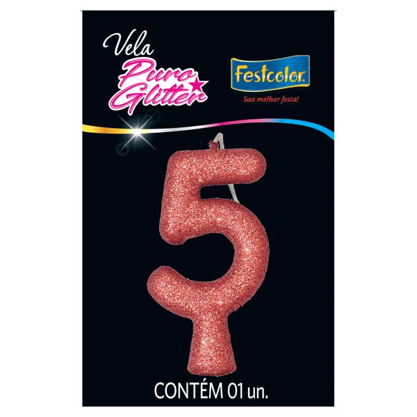 VELA FESTCOLOR PURO GLITTER NÚMERO 5 ROSE GRANDE UNIDADE