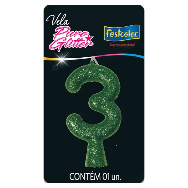 VELA FESTCOLOR PURO GLITTER NÚMERO 3 VERDE UNIDADE