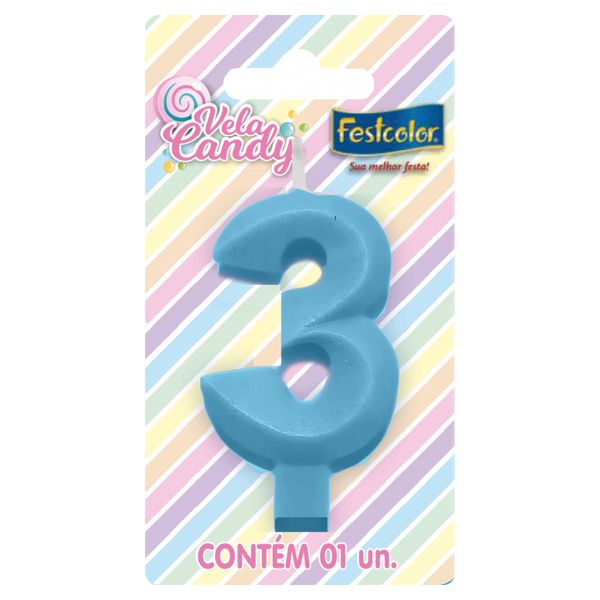 VELA FESTCOLOR CANDY NÚMERO 3 AZUL UNIDADE