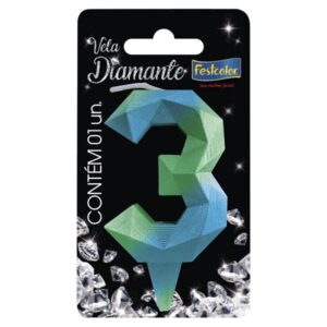 VELA FESTCOLOR DIAMANTE NÚMERO 3 AZUL/VERDE UNIDADE