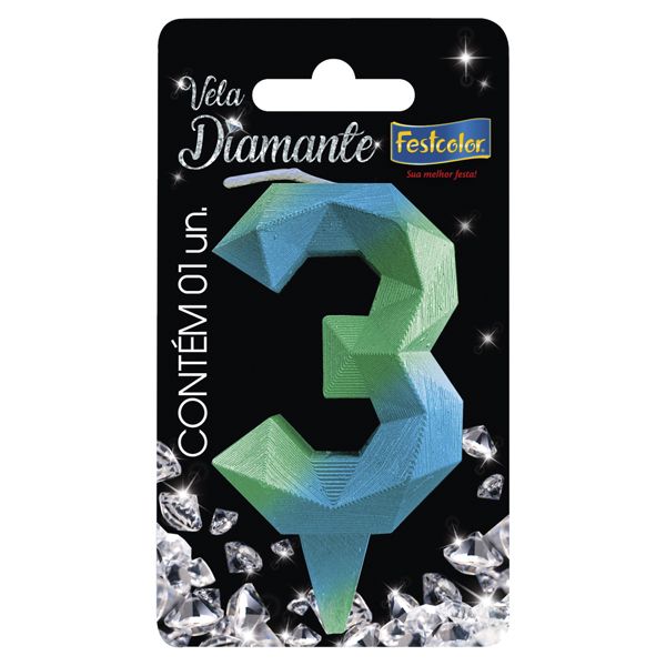 VELA FESTCOLOR DIAMANTE NÚMERO 3 AZUL/VERDE UNIDADE