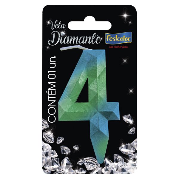 VELA FESTCOLOR DIAMANTE NÚMERO 4 AZUL/VERDE UNIDADE