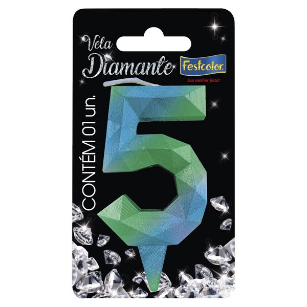 VELA FESTCOLOR DIAMANTE NÚMERO 5 AZUL/VERDE UNIDADE