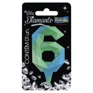 VELA FESTCOLOR DIAMANTE NÚMERO 6 AZUL/VERDE UNIDADE