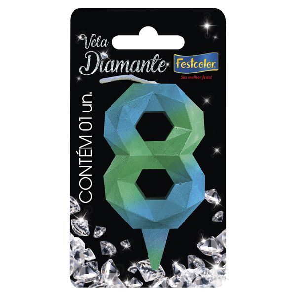 VELA FESTCOLOR DIAMANTE NÚMERO 8 AZUL/VERDE UNIDADE