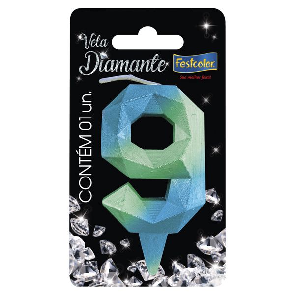 VELA FESTCOLOR DIAMANTE NÚMERO 9 AZUL/VERDE UNIDADE