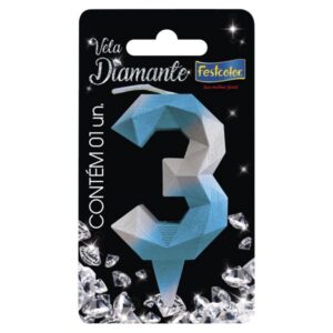 VELA FESTCOLOR DIAMANTE NÚMERO 3 AZUL/PRATA UNIDADE