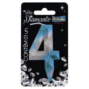 VELA FESTCOLOR DIAMANTE NÚMERO 4 AZUL/PRATA UNIDADE