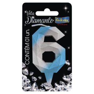 VELA FESTCOLOR DIAMANTE NÚMERO 6 AZUL/PRATA UNIDADE