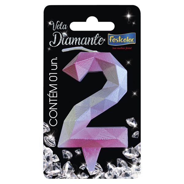 VELA FESTCOLOR DIAMANTE NÚMERO 2 ROSA/PRATA UNIDADE