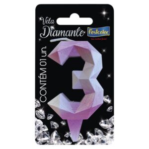 VELA FESTCOLOR DIAMANTE NÚMERO 3 ROSA/PRATA UNIDADE