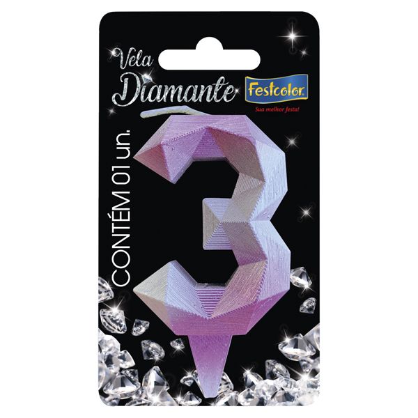 VELA FESTCOLOR DIAMANTE NÚMERO 3 ROSA/PRATA UNIDADE