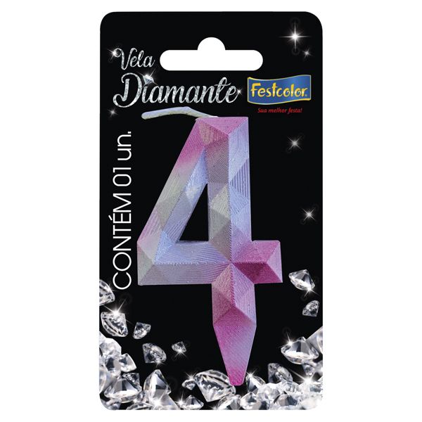 VELA FESTCOLOR DIAMANTE NÚMERO 4 ROSA/PRATA UNIDADE