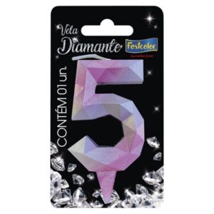 VELA FESTCOLOR DIAMANTE NÚMERO 5 ROSA/PRATA UNIDADE