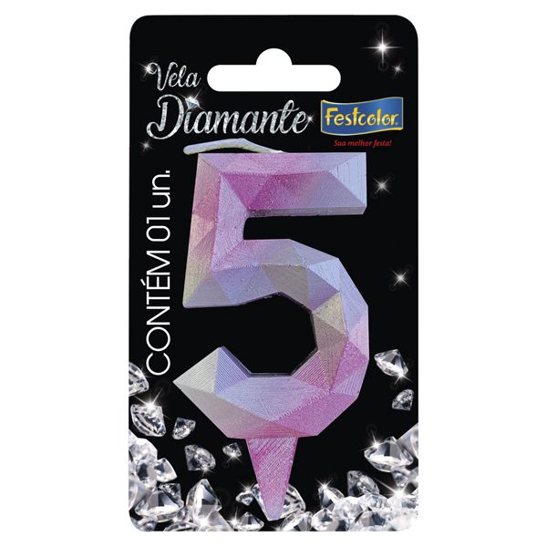 VELA FESTCOLOR DIAMANTE NÚMERO 5 ROSA/PRATA UNIDADE
