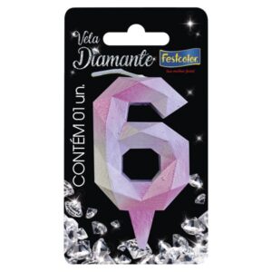 VELA FESTCOLOR DIAMANTE NÚMERO 6 ROSA/PRATA UNIDADE