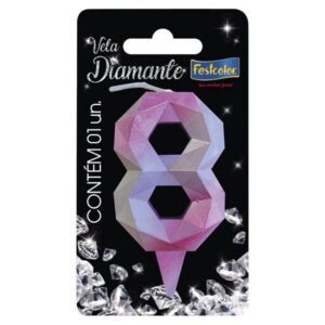 VELA FESTCOLOR DIAMANTE NÚMERO 8 ROSA/PRATA UNIDADE