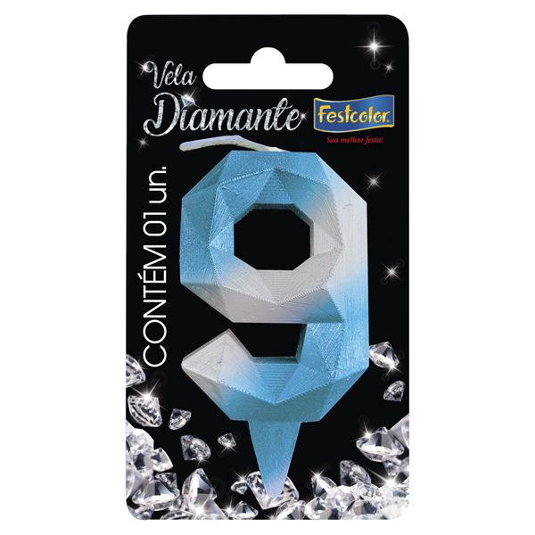 VELA FESTCOLOR DIAMANTE NÚMERO 9 AZUL/PRATA UNIDADE