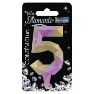 VELA FESTCOLOR DIAMANTE NÚMERO 5 ROSA/DOURADA UNIDADE