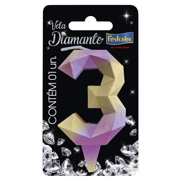 VELA FESTCOLOR DIAMANTE NÚMERO 3 ROSA/DOURADA UNIDADE