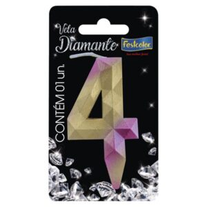 VELA FESTCOLOR DIAMANTE NÚMERO 4 ROSA/DOURADA