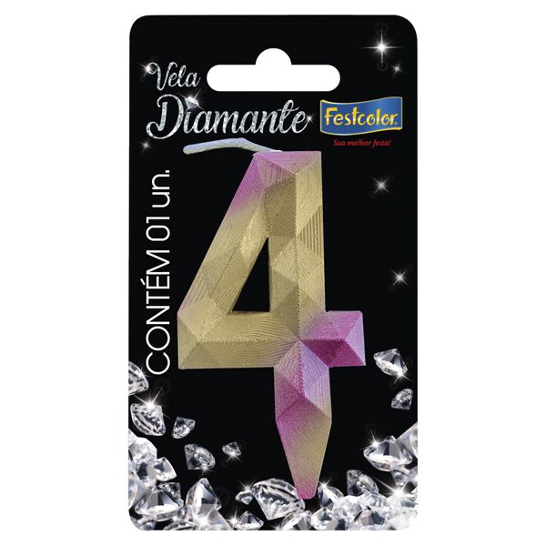 VELA FESTCOLOR DIAMANTE NÚMERO 4 ROSA/DOURADA