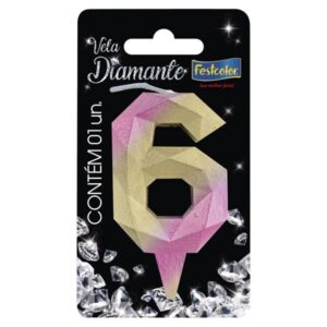 VELA FESTCOLOR DIAMANTE NÚMERO 6 ROSA/DOURADA UNIDADE