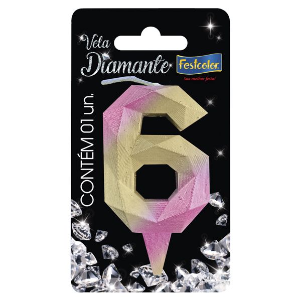 VELA FESTCOLOR DIAMANTE NÚMERO 6 ROSA/DOURADA UNIDADE