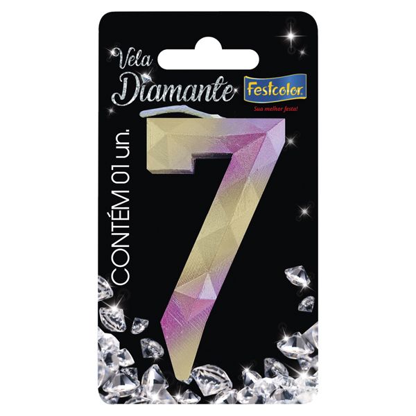 VELA FESTCOLOR DIAMANTE NÚMERO 7 ROSA/DOURADA UNIDADE